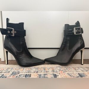 rag & bone Black Pointed Leather Ankle Booties with Buckle Strap